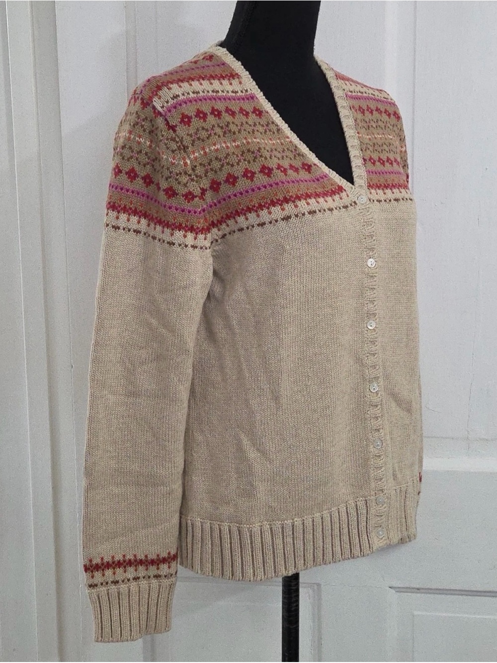 Lands' End Beige Cardigan with Pink and Red Fair Isle Yoke - Picture 2 of 5
